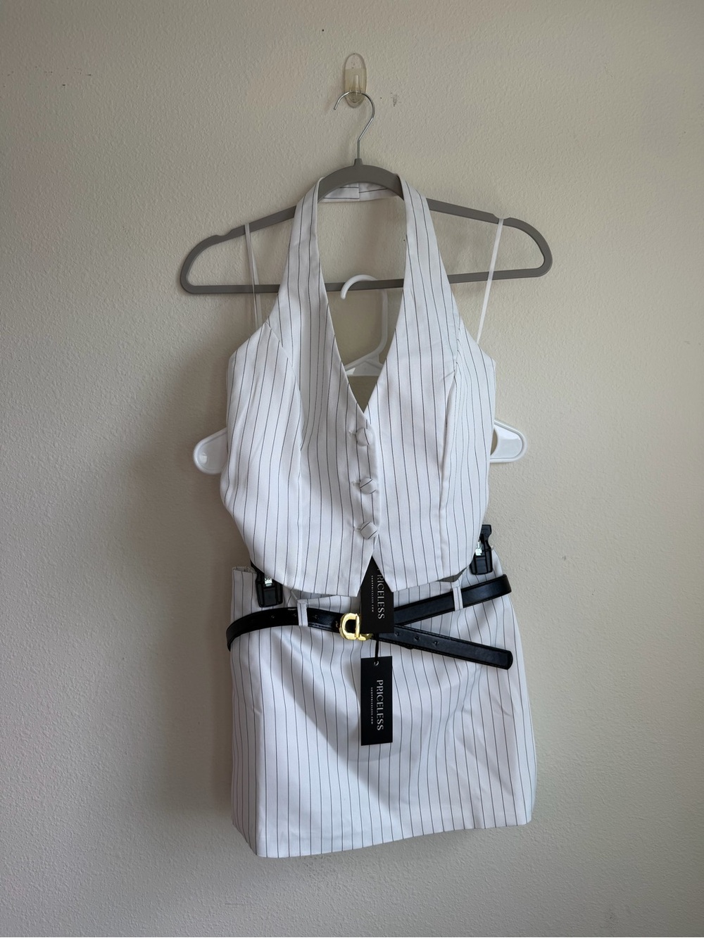 New!! With tags! Never worn!! White Pinstripe Halter Mini Dress with Black Belt